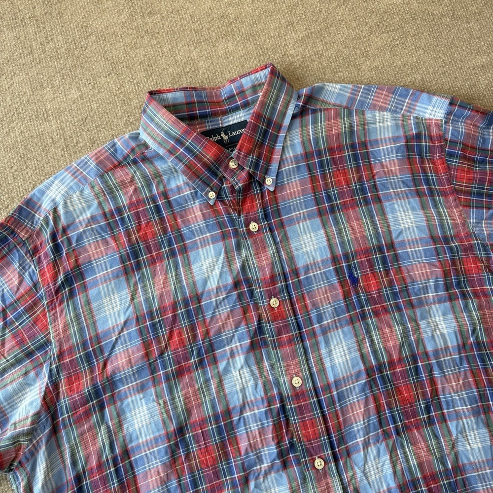 Ralph Lauren Blake Polo Plaid Short Sleeve Button Down Shirt Men Sz XL Red Blue